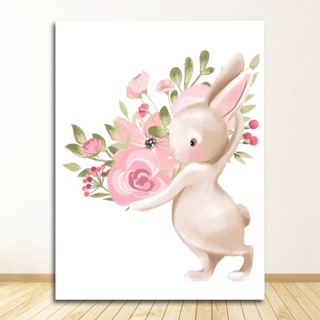Розовые цветы, мультяшная картина для девочек, декор для детской комнаты, постер с кроликом, картины с животными, детская настенная живопись с кроликом, холст, живопись