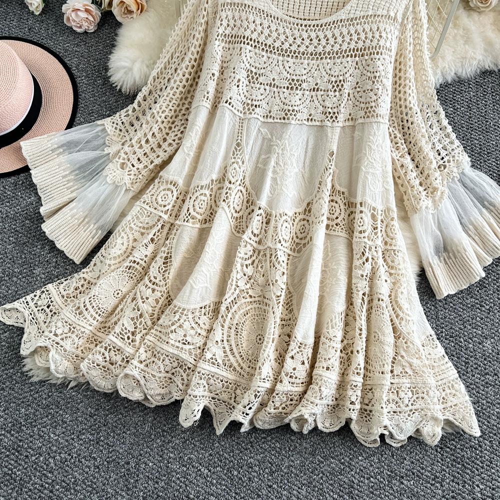 Dimanaf 2025 Новое летнее женское длинное трикотажное платье с рукавами, модные кружевные платья, повседневные свободные