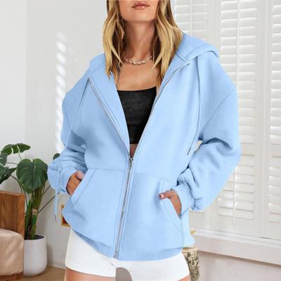 Женские толстовки на молнии с капюшоном, с длинным рукавом, оверсайз, осенние флисовые куртки с карманами, повседневные наряды для тренировок