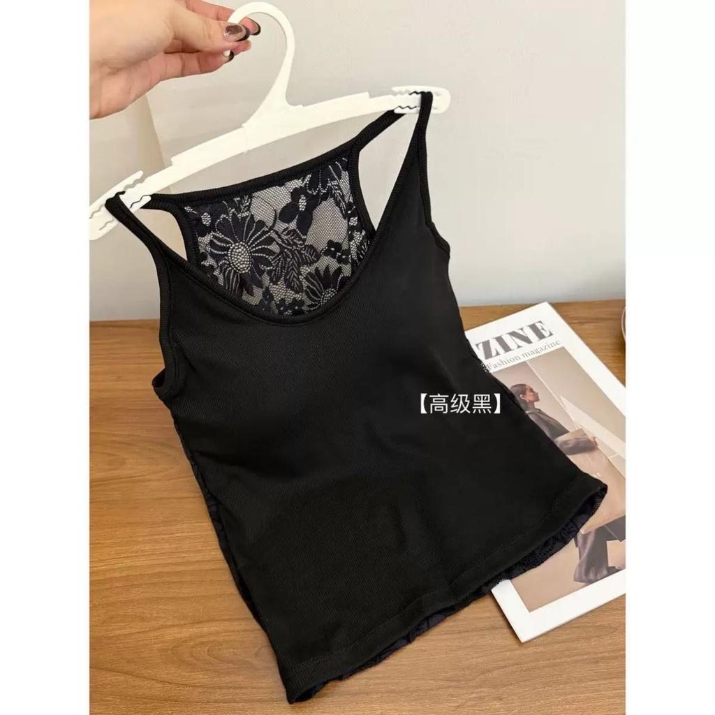 Women U‑Neck Tank Top Generic Back Floral Lace Splice Ribbed Slim Fit Sleeveless Cami Top, White Black Tea Brown Navy Blue