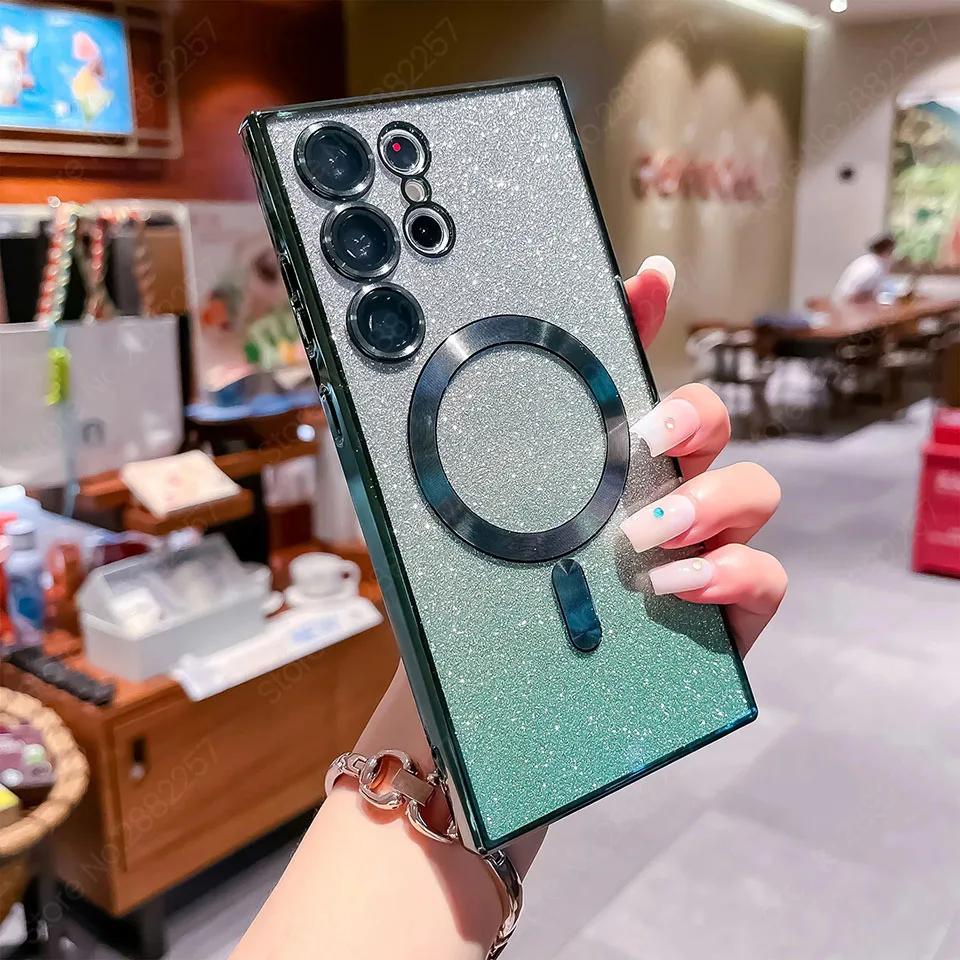 Роскошное гальваническое покрытие с блестками, магнитный чехол для Magsafe для Samsung Galaxy S21 FE S22 S23 S24 Ultra, чехлы для телефонов, чехол для беспроводной зарядки