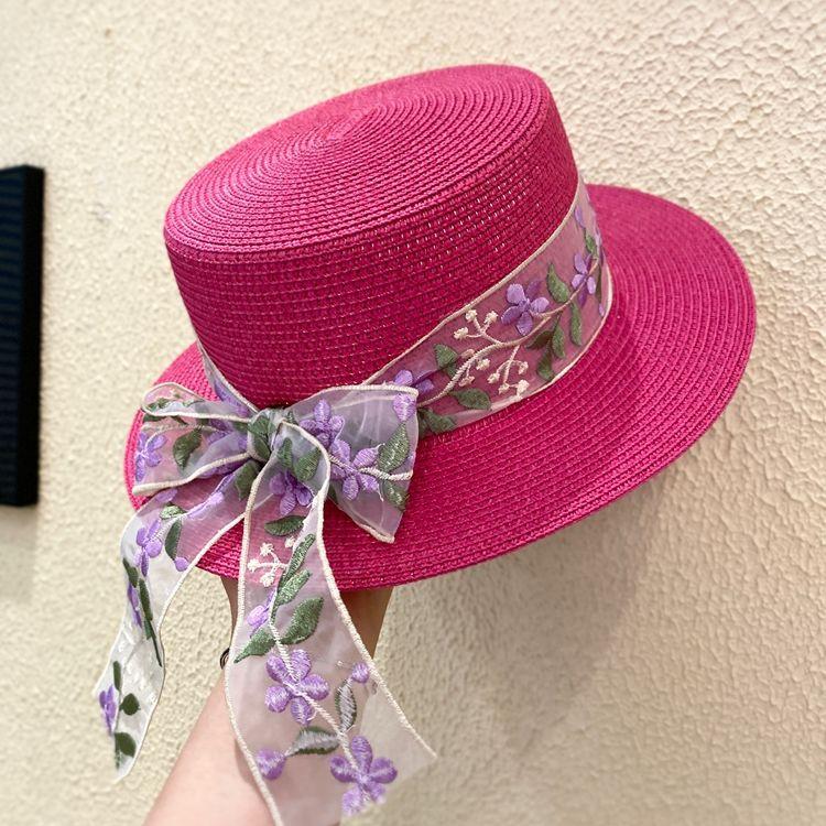 Женская соломенная плетеная шляпа-цилиндр с короткими полями, летняя, кружевная, вышитая, фиолетовая, с плоским верхом, солнцезащитная и защищающая от солнца, соломенная шляпа