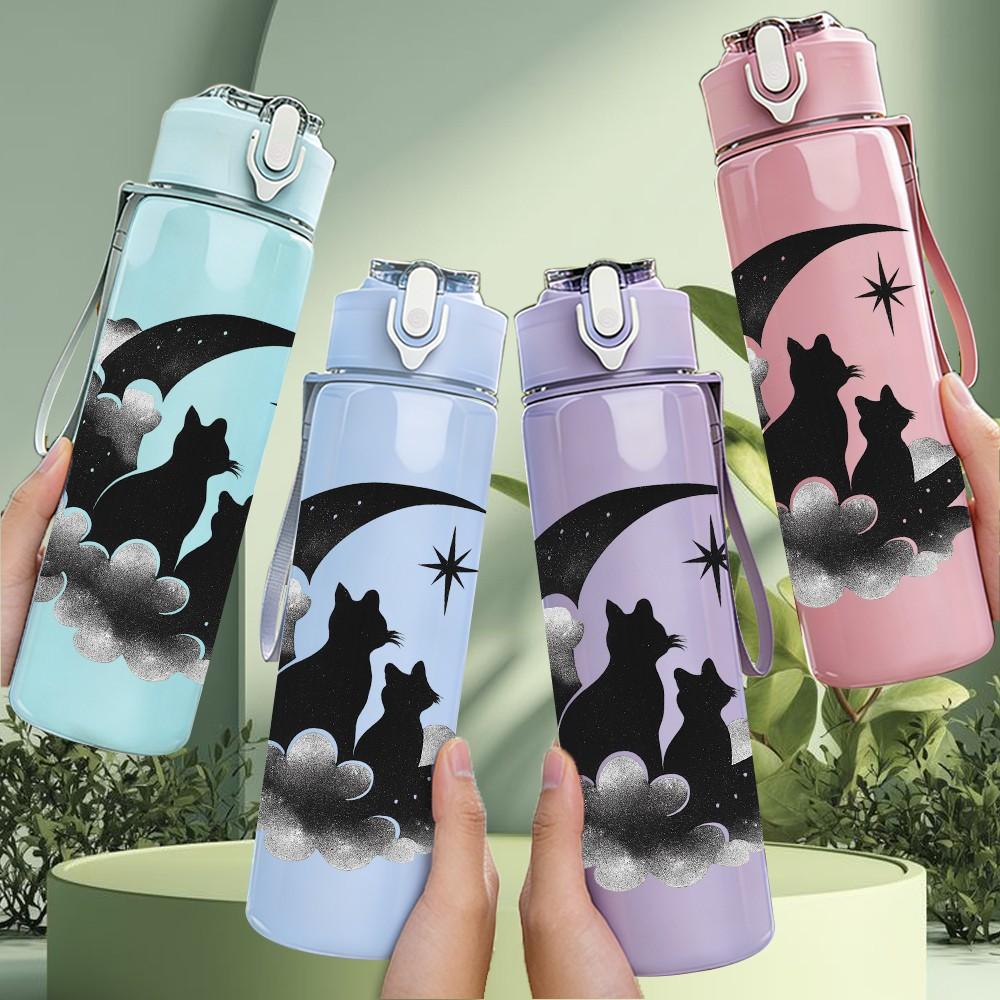 1PC Cat Moon Night Silhouette 750ml Color Plastic Sports Water Bottle Leakproof Flip Straw Lid Suitable for Sports Office Home Use