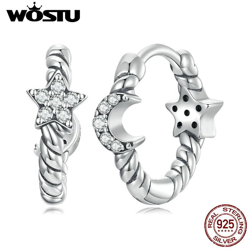 WOSTU Серьги-кольца из стерлингового серебра 925 пробы, модные серьги с полированной луной и звездой, устойчивые к потускнению