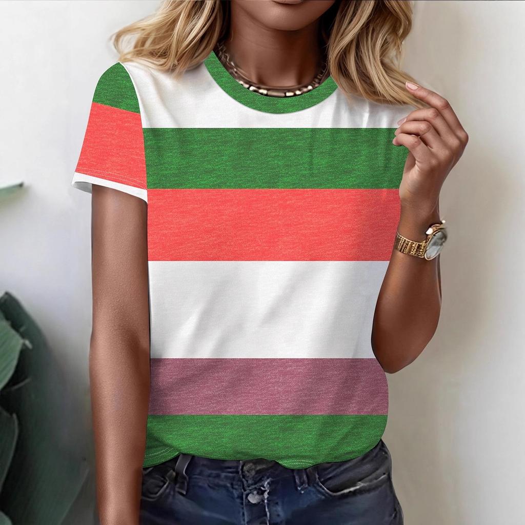 Женский клетчатый и полосатый топ с коротким рукавом и круглым вырезом большого размера - Желтый/Красный, Коллекция 2025