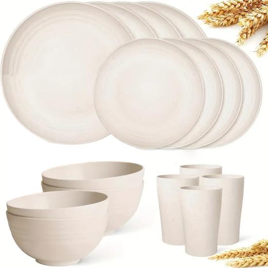 16Pcs Cutlery Set Stackable Unbreakable Plates, Bowls And Cups Set BPA-Free Tableware for Family