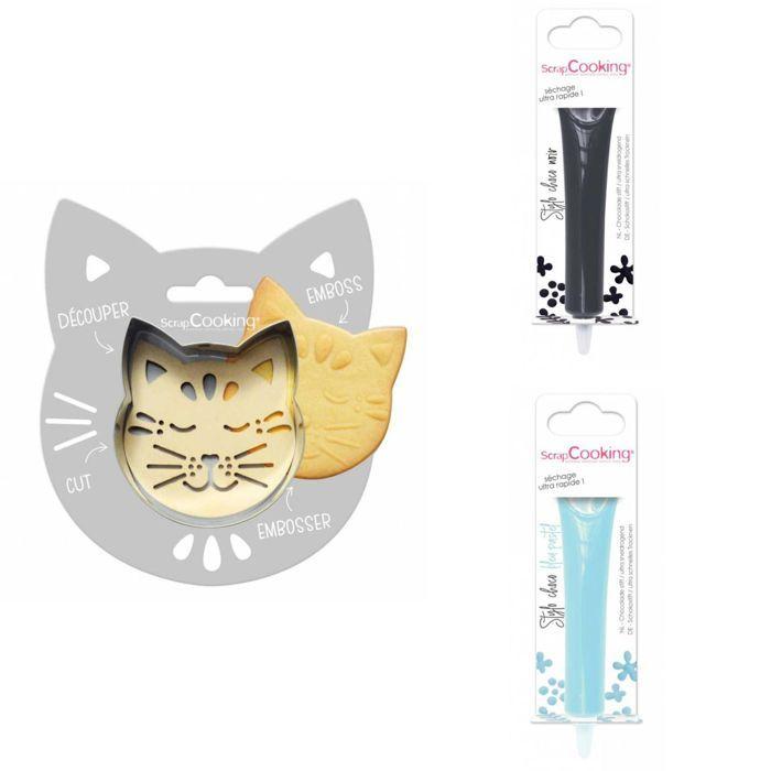Cat Embossed Cookie Kit + 2 Dark Chocolate and Pastel Blue Pens