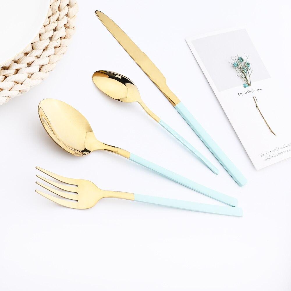 24 Pieces Sets Kitchen Tableware Cutlery Set Mint Green Gold Stainless Steel Dinnerware Set Food Flatware Mirror Silverware Set