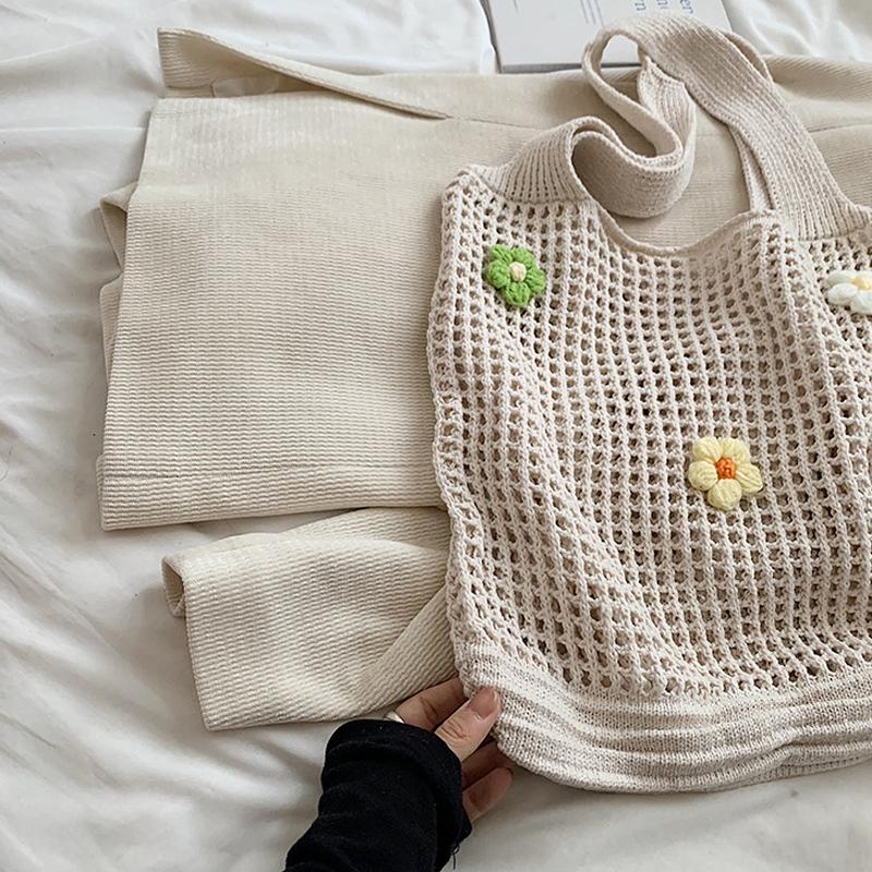 Женская вязаная сумка-тоут, вязаная крючком сумка через плечо с цветочным декором, ажурная сумка, повседневная пляжная сумка, дорожная сумка для улицы