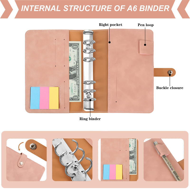 Soft PU Leather Notebook Binder Budget Planner Binder Cover with Binder Pocket Cash Envelopes Travel A6 Loose-leaf Bill Buget Sheets