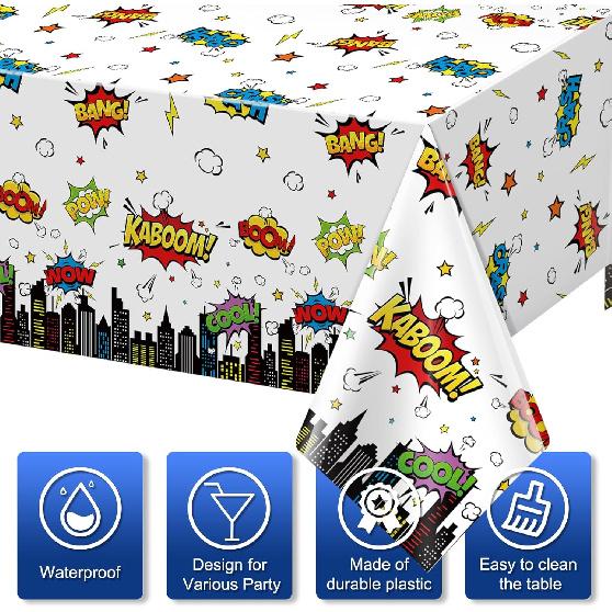 3Pcs Hero Themed Birthday Party Tablecloths Decorations,White Cityscape Super Bang Plastic Table Cover Disposable Rectangle Table Cloth for Baby
