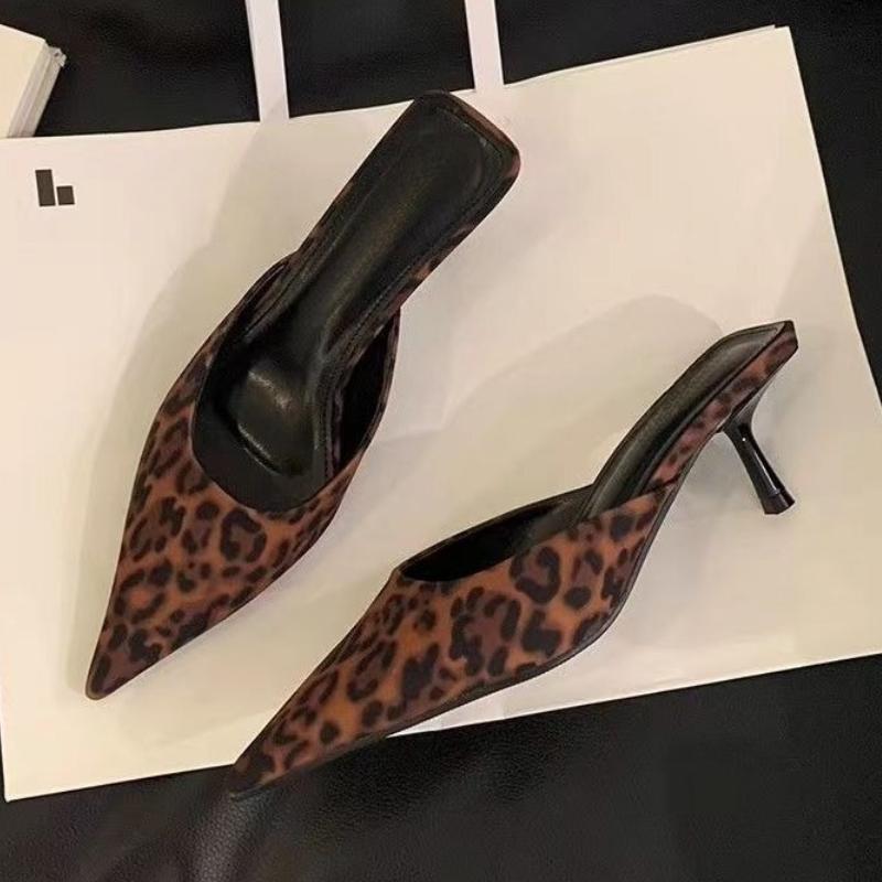 Fashion Spring New Leopard Print Women Slipper Pointed Toe Thin Low Heel Sandal Ladies Mules Shoes Zapatos Mujer