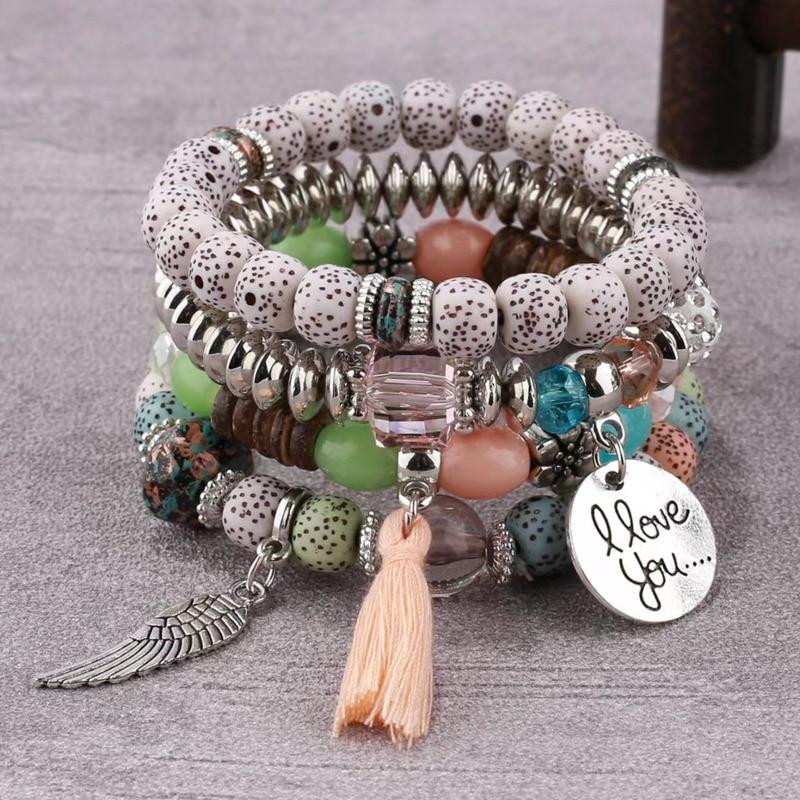 Богемные разноцветные хрустальные бусины, веревочные браслеты для женщин и девочек, этнические сердца с кисточками, очаровательный браслет, набор ювелирных изделий, подарок