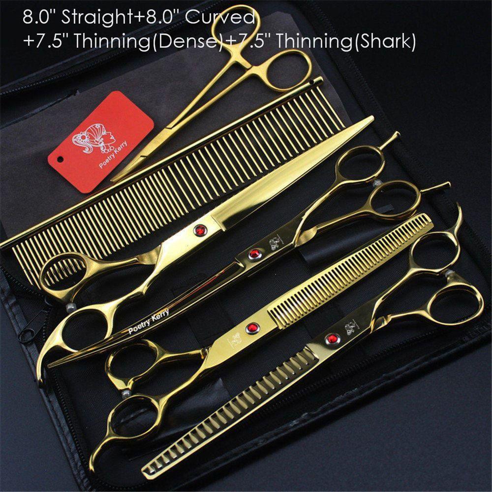 7.0" 8.0 Ch Profional Pet Scissors for Dog Groomg Straight & Thng & Curved Shears FeShark Teeth 4pcsSet +Comb Bag