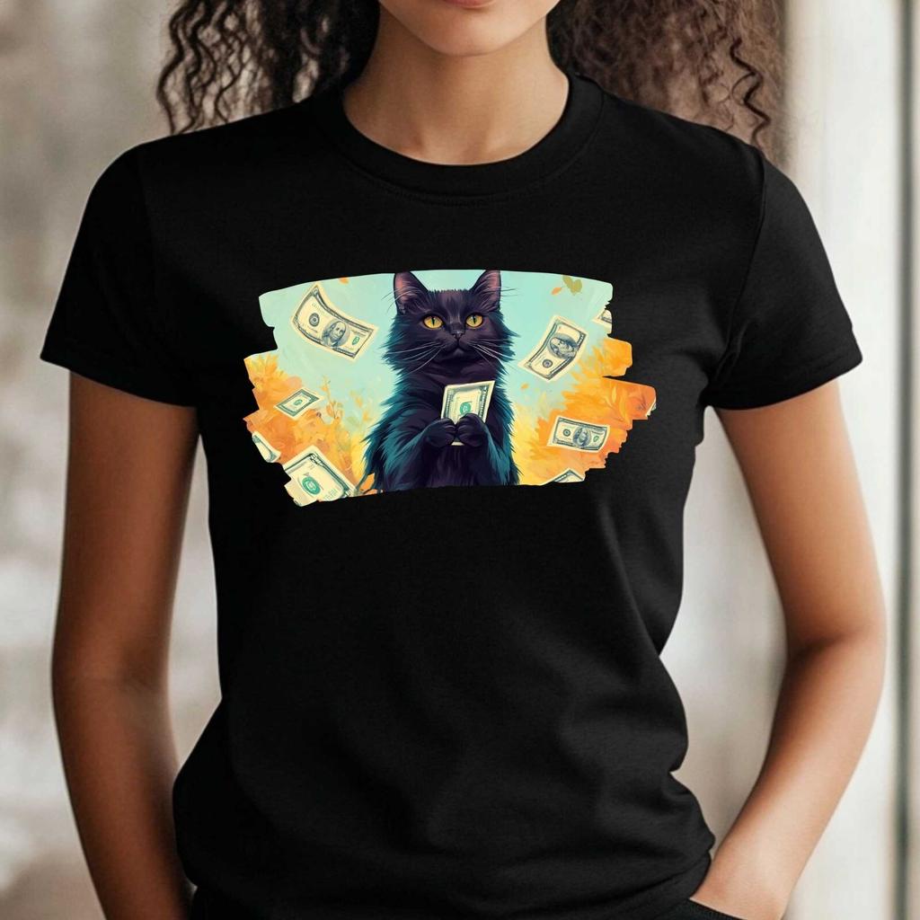 T-Shirt Frauen Lustige Katze mit Geld Motiv Baumwolle Größe XS bis 3XLWird in neuem Fenster oder Tab geöffnet
