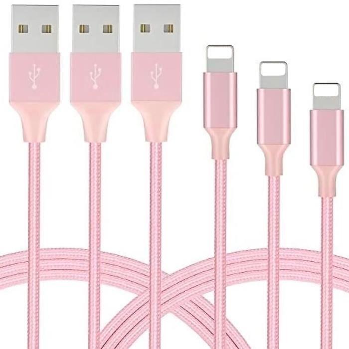 Câble USB - PROSHOP - Lot de 3 - 2.4A Rapide - Nylon Tressé - 1M - Compatible iPhone