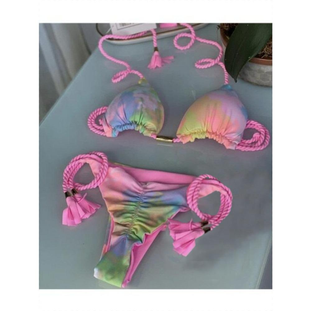 Европейский и американский женский купальник-бикини с треугольной сумкой, плетеный, однотонный, сексуальный, с бахромой и подвеской