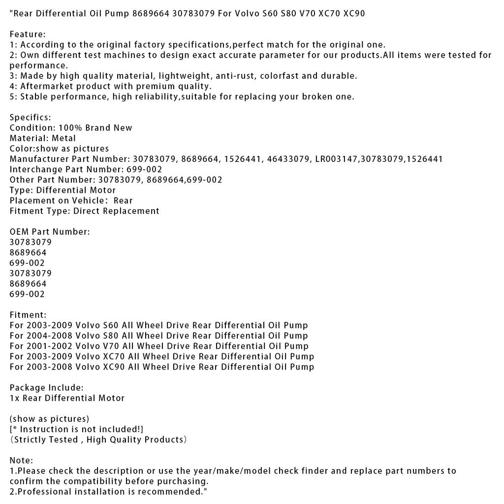 Масляный насос заднего дифференциала 8689664 30783079 Для Volvo S60 S80 V70 XC70 XC90