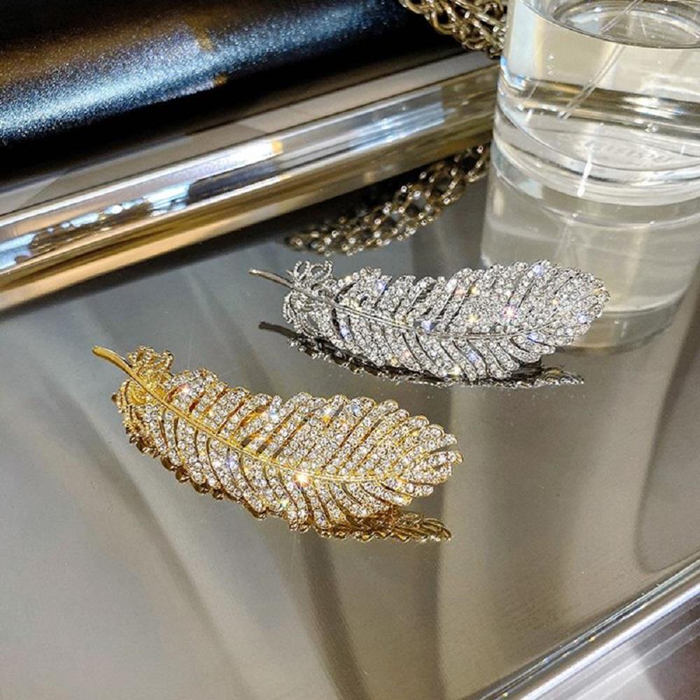 Rhinestone Large Girls Elegant Hair Side Clip Women Barrette Feather Hair Clips Crystal Hairpins