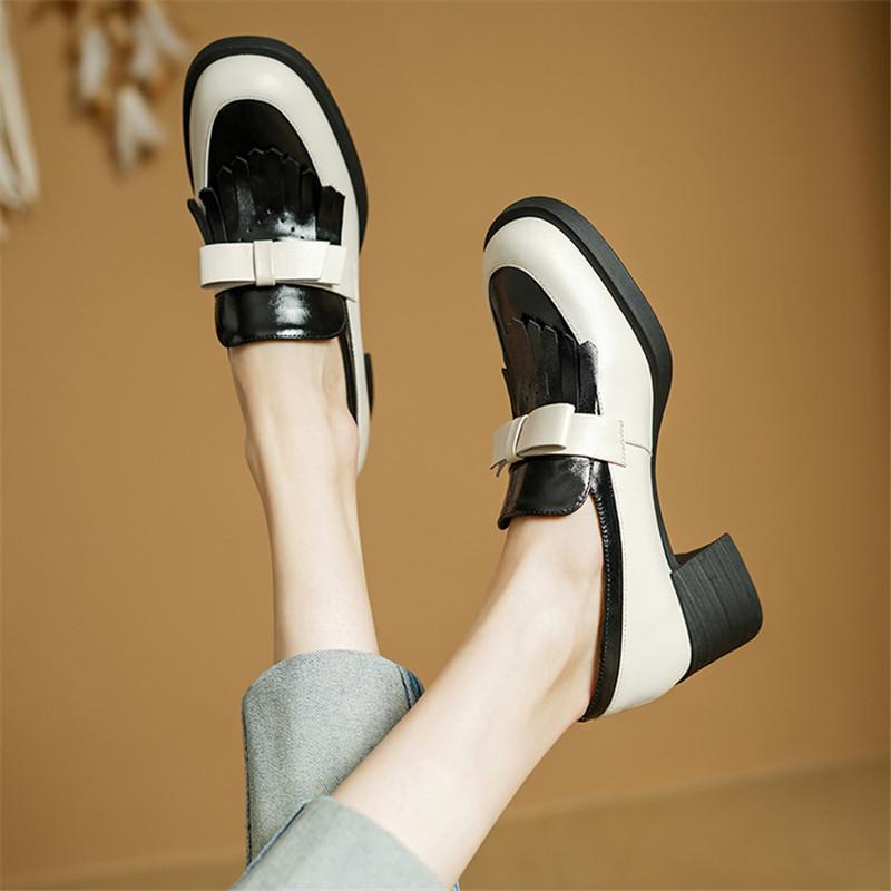 Fashion New Spring/summer Genuine Leather Women Pumps Shoes for Women Fashion Mixed Color Bow Round Toe Chunky Heels High Heels Loafers