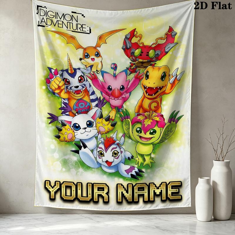 Custom Name Digimon Pattern Wall Tapestry Aesthetic Wall Hanging Printed Fabric Blanket Decorative Tapestries for Bedroom Living Room Home Decor