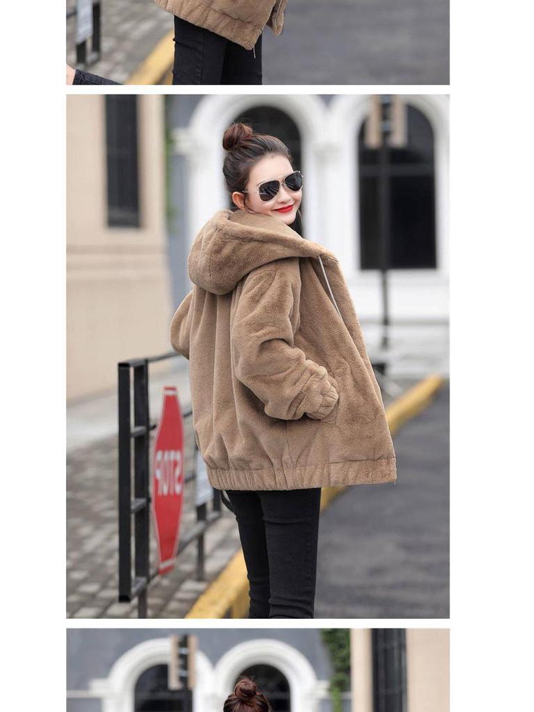 Женская фланелевая куртка средней длины с капюшоном - Корейский стиль, Свободный крой, Плюшевая, Теплая, С длинным рукавом