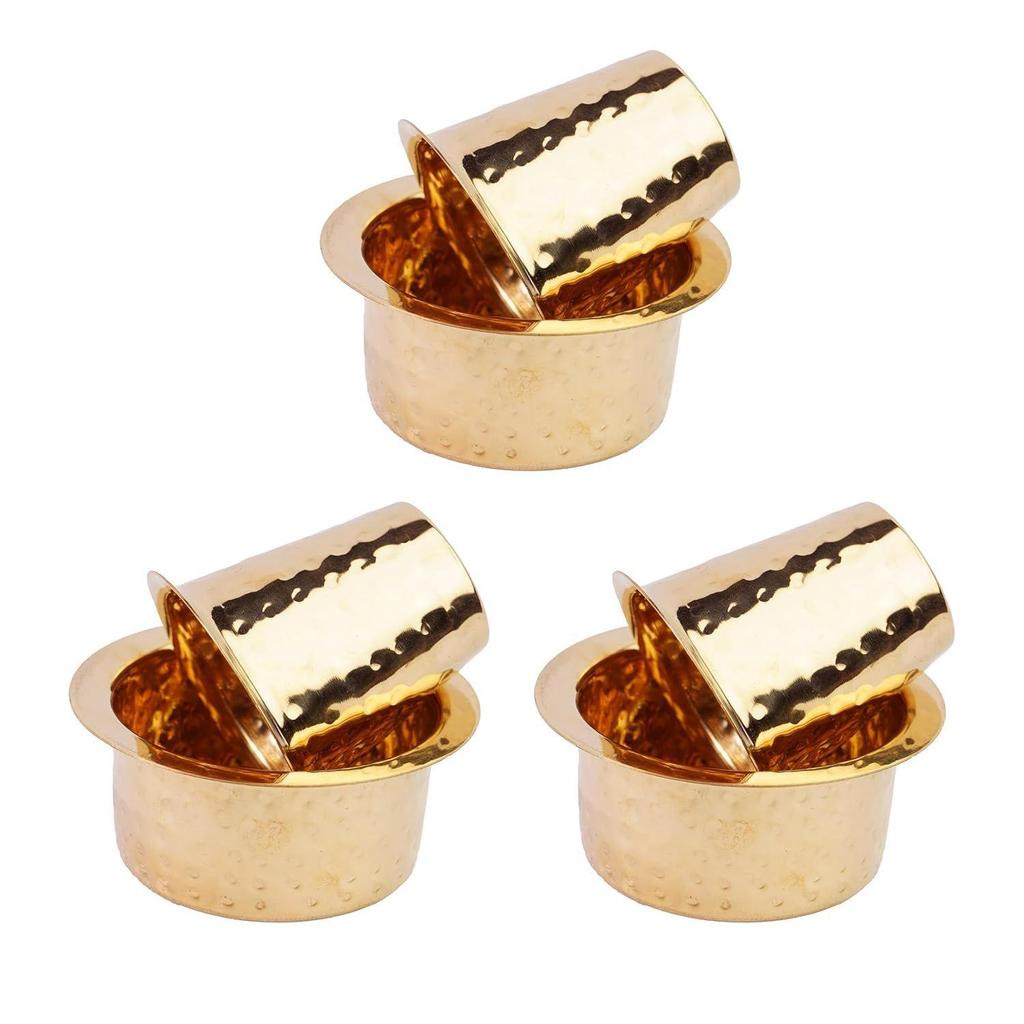 Индийская латунная кофейная чашка Давара/Дабара и стакан для подачи фильтрованного кофе/чая/Традиционная латунная дабара из Кумбаконама - | Кованая матовая - 150 мл (Набор из 3 шт.)