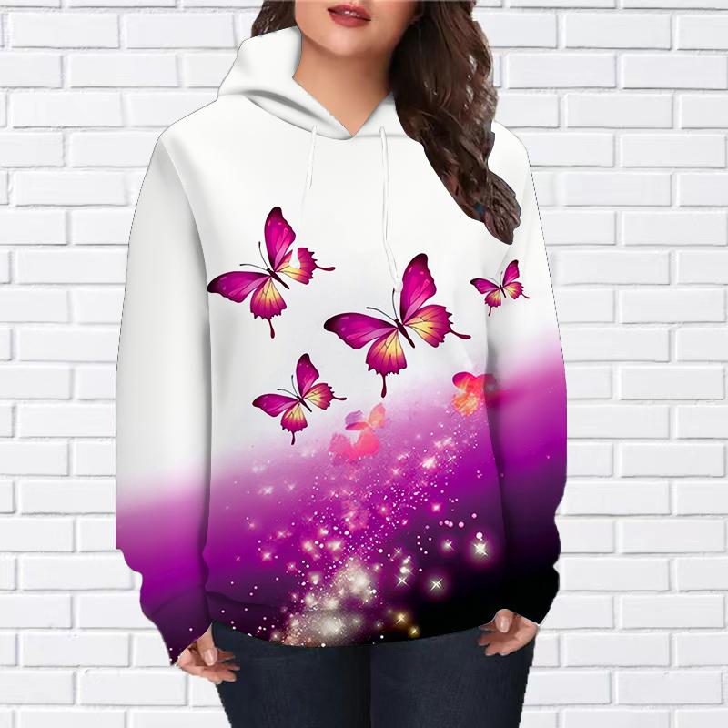 Женская мода Фиолетовый Hollow Butterfly Print Loose Hoodie Tops Блузка Толстовка Повседневный Длинный рукав Пуловер Топы