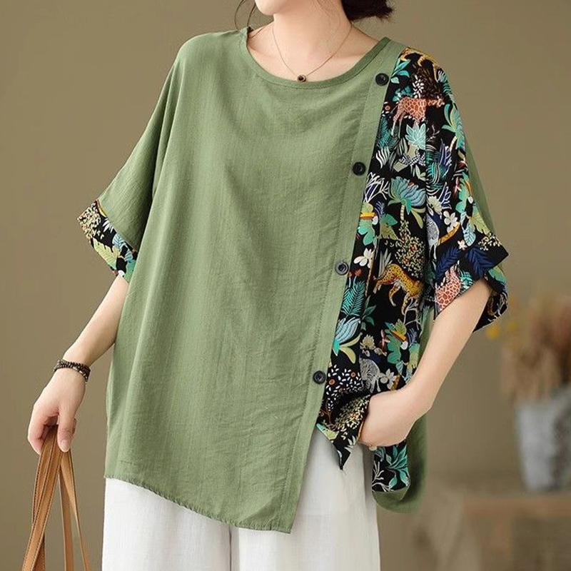 Дизайнерская футболка с короткими рукавами из хлопка и льна, женская летняя свободная, закрывающая живот и тонкий верх, летний топ с коротким рукавом