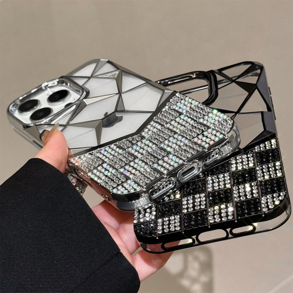 Для iPhone 16 Pro Чехол Геометрический ромбовидный узор Декор стразами Гальваническое покрытие ТПУ Чехол для телефона