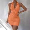 Summer Women's Dress V-Neck Hanging Neck Backless Strapless Sexy Simple Pleated Dresses