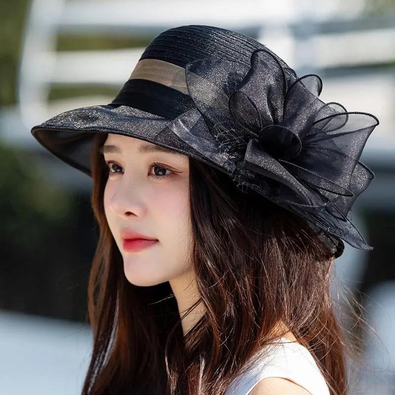 Wide Brim Outdoor Breathable Foldable Beach Sunscreen Flower Hats Women Spring Summer Solid Color Mesh Patchwork Sun Hats