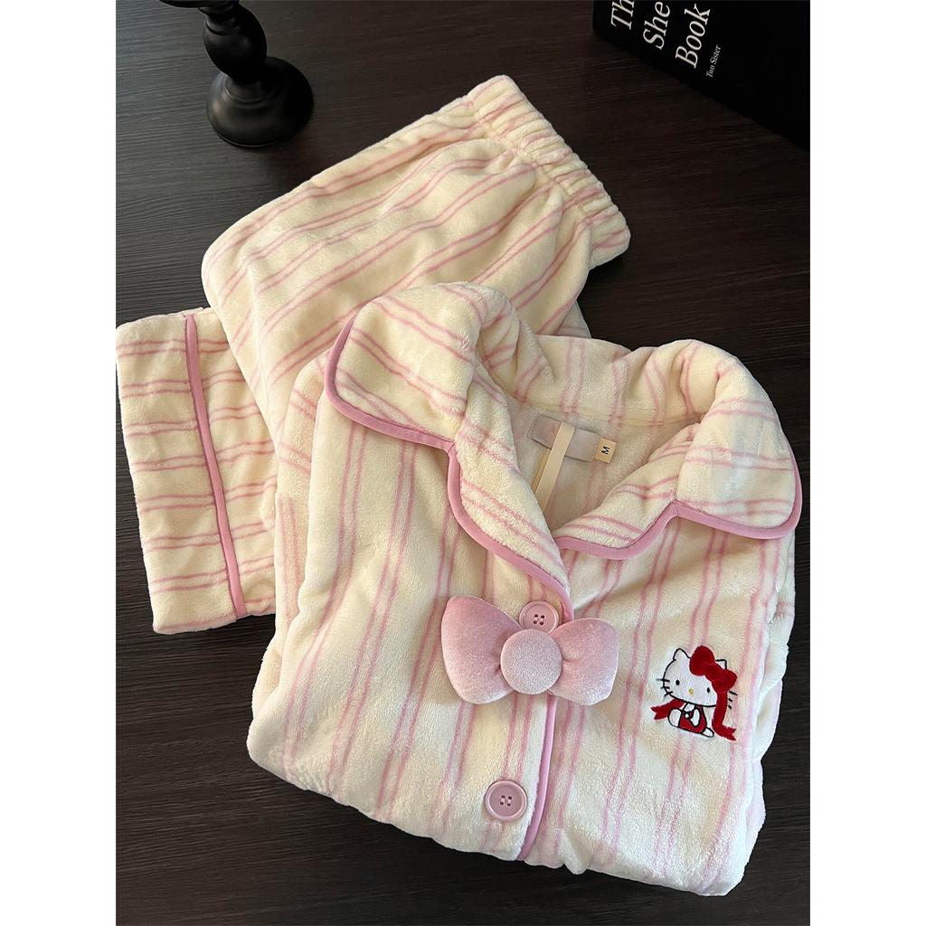 Мягкие восковые милые пижама HelloKitty в полоску из кораллового флиса женская зимняя утолщенная фланелевая одежда для дома в наличии