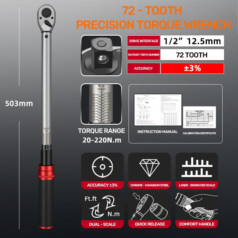 /4'' 3/8'' 1/2'' 1Industrial Dual-Direction Adjustable 72-Tooth Ratchet Handle Drive Click Torque Wrench Upgraded Torque Wrench