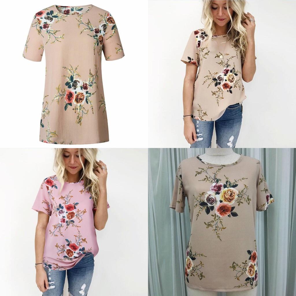 Elegant Summer Women Blouse Floral Print Short Sleeve Loose Casual T-shirt Tops