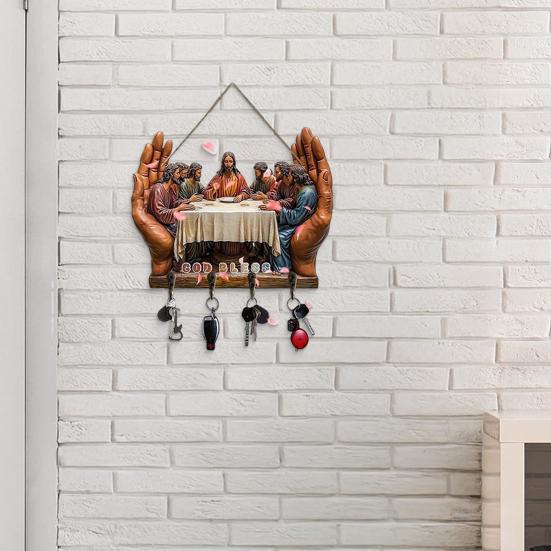 Деревянная христианская ключница 2D плоская Иисус Причастие Арт брелок-подставка с 4 крючками Религиозная настенная ключница для прихожей Домашний декор