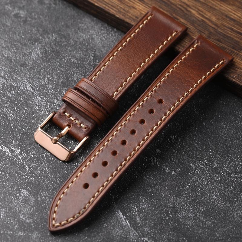 For Handmade First Layer Cowhide Leather Watchband 18 19 20 22 24MM Glossy Oil Wax Leather Blue Brown Men Watch Bracelet Vintage