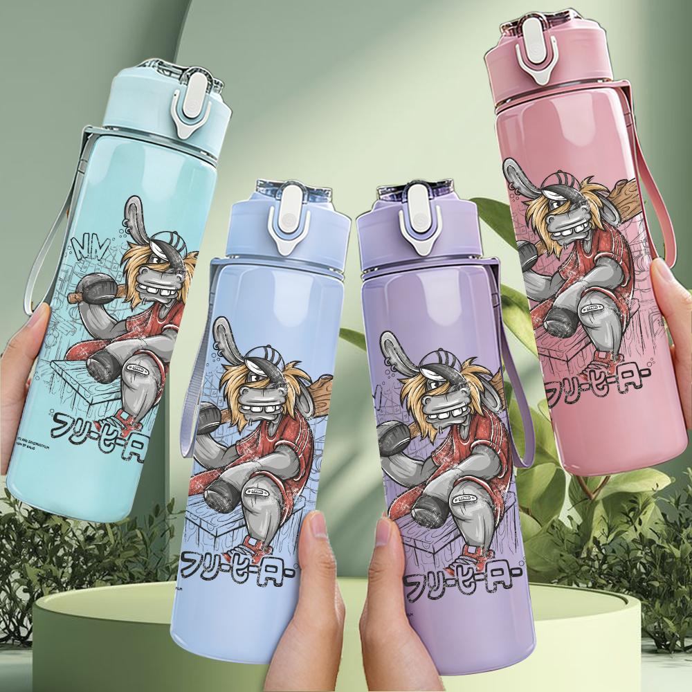 1PC Colorful warrior character graphic print 750ml colorful plastic sports water bottle leakproof pop lid with straw for outdoor office home use