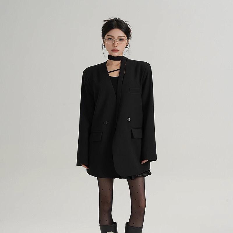Trendy Oversized V-Neck Suit Coat for Women, Loose Fit Lazy Style V-Neck Suit Outerwear