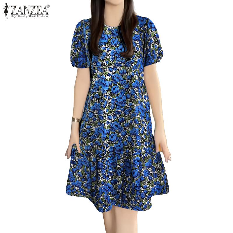 ZANZEA Women Casual Round Neck Short Sleeve Summer Floral Dress