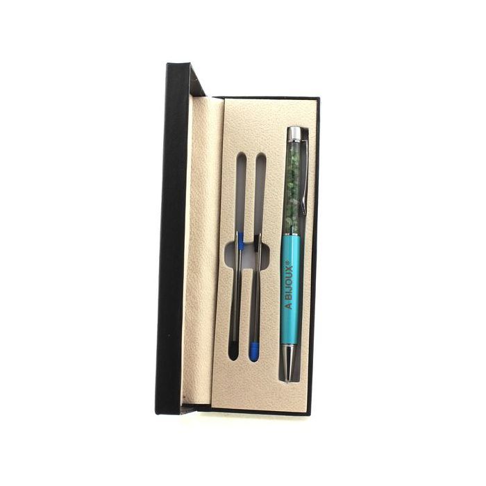 Pierres et Minéraux. Stylo minéraux Grenat Tsavorite brut Tanzanie. Couleur Bleu turquoise.