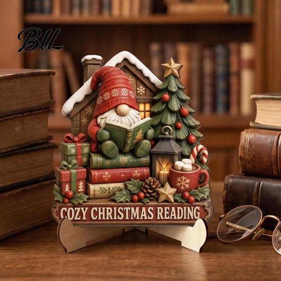 Holiday Tabletop Decorations 2D Flat Wooden Christmas Sign, Reading Gnome Nutcracker Snowman Santa Claus Ornaments Gingerbread Man Figurine,