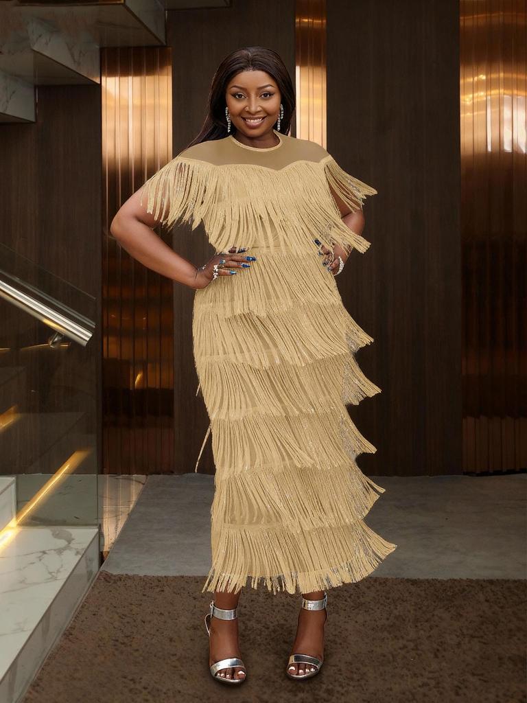 Коктейльное платье с бахромой большого размера 200 цзинь, с круглым вырезом и прозрачным боковым разрезом