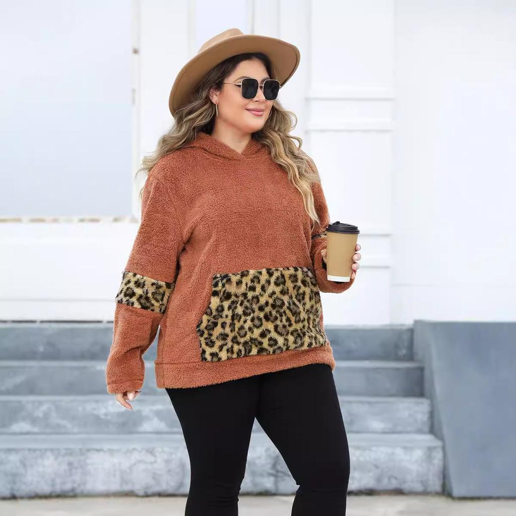 Women's Plus Size Hooded Leopard Print Pocket Patchwork Plush Hoodie
