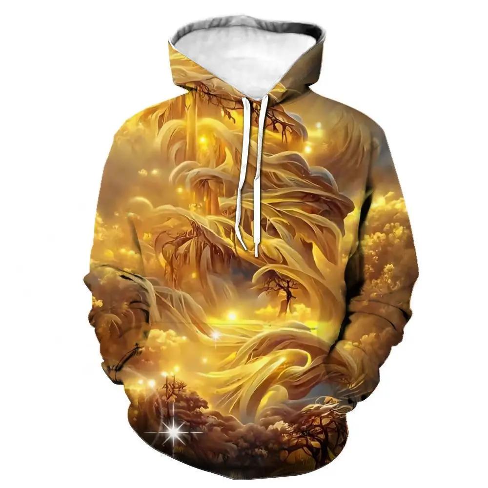 Hooded Sweater Autumn New Golden Light Stacking Series Pattern 3D Printing Hoodie Foreign Trendy Men's Jumper Hip Hop Loose