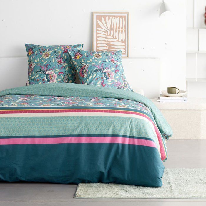 Parure de Lit - 140 x 200 cm - Coton Imprimé Floral Bleu - TODAY SUNSHINE