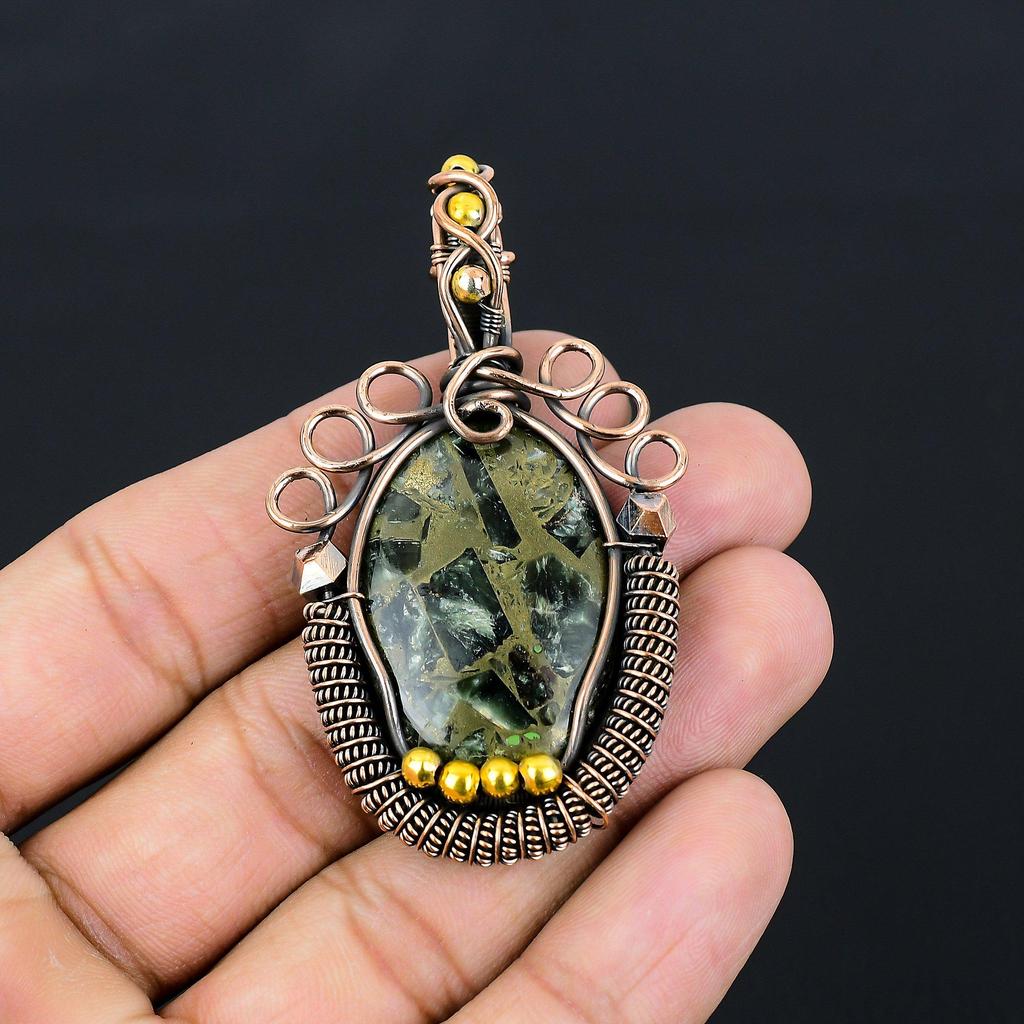 Медный Серафинит Драгоценный Камень Чистая Медная Проволока Обернутая Ювелирные Изделия Ручной Работы Кулон