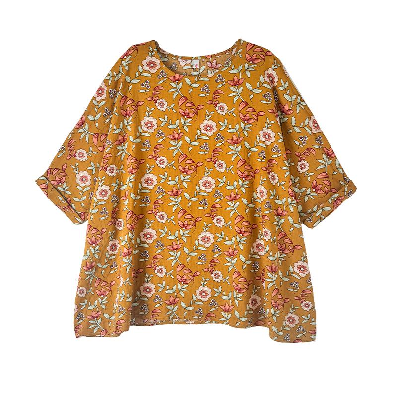 DIMANAF 2025 Summer T-Shirt Plus Size Women Flower Printing Batwing Sleeve Vintage Loose Tops Casual