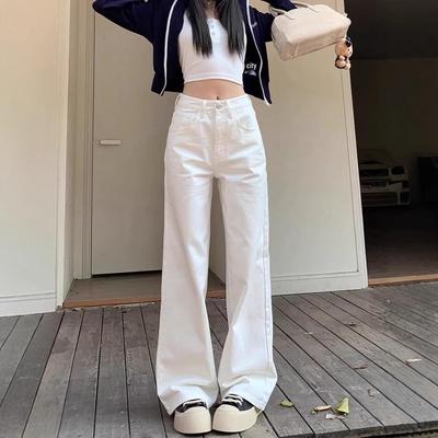 Женские джинсы с высокой посадкой, белые, широкие: Батал, Стройнящие, Универсальные, Летние брюки прямого кроя.