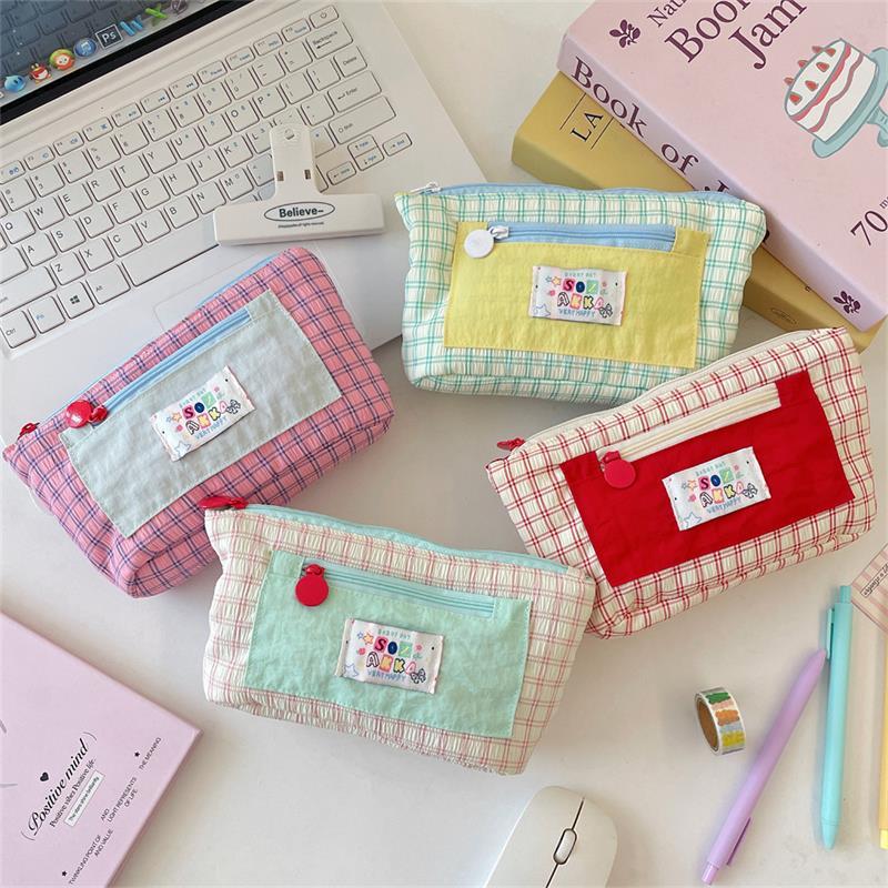 Cute Contrast Color Plaid Dopamine Large Capacity Pencil Case Storage Bag Student Stationery Supply Pouch Girl Cosmetic Bag Gift
